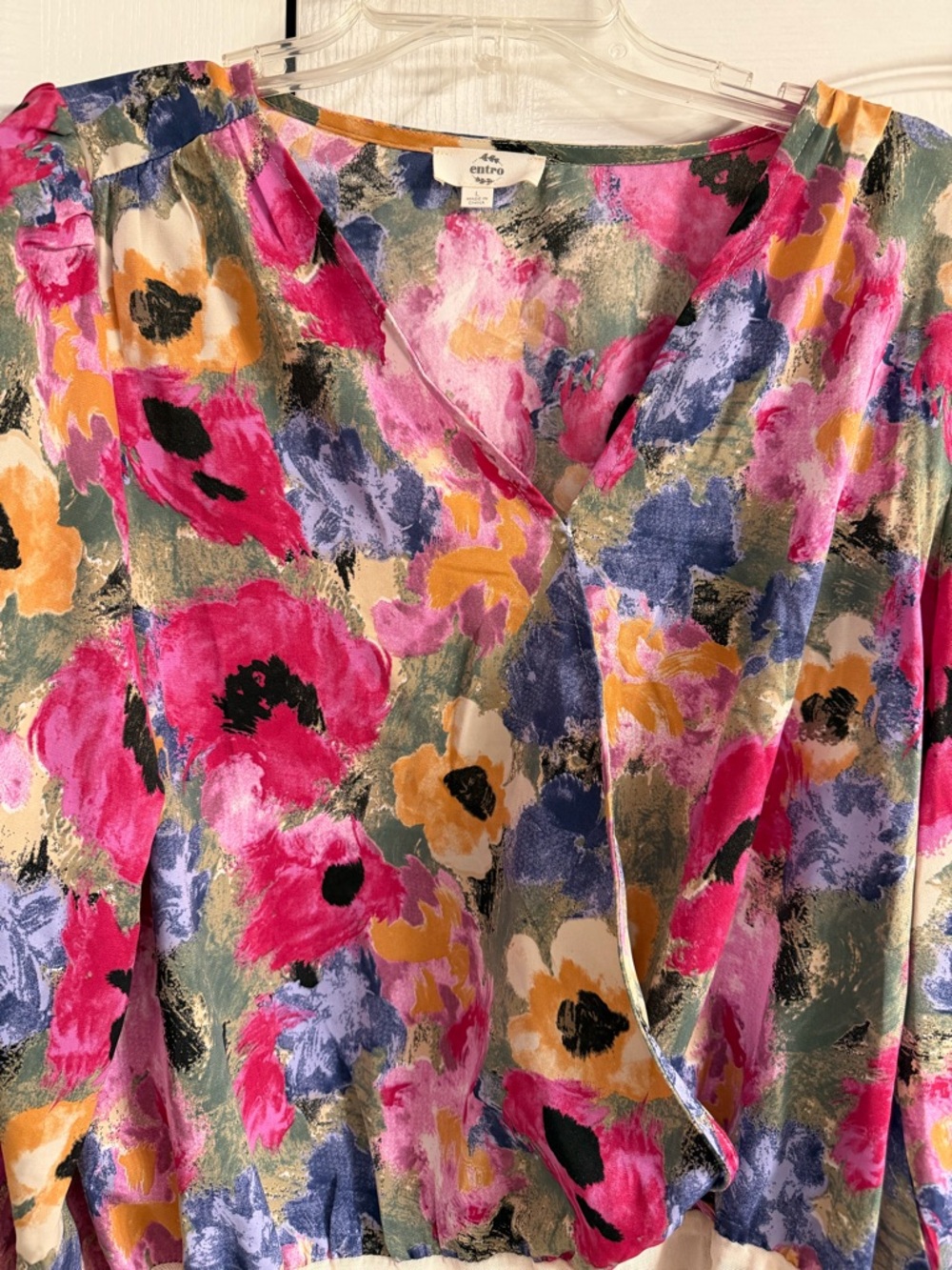 entro Multicolor Abstract Floral Wrap Top — Pink, Yellow & Blue